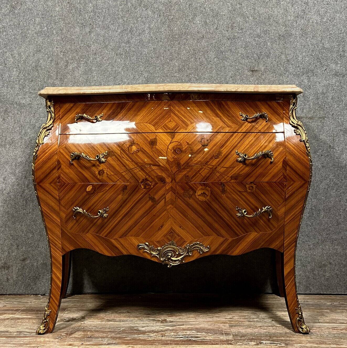 Curved Louis XV style chest of drawers in marquetry, 20th century period