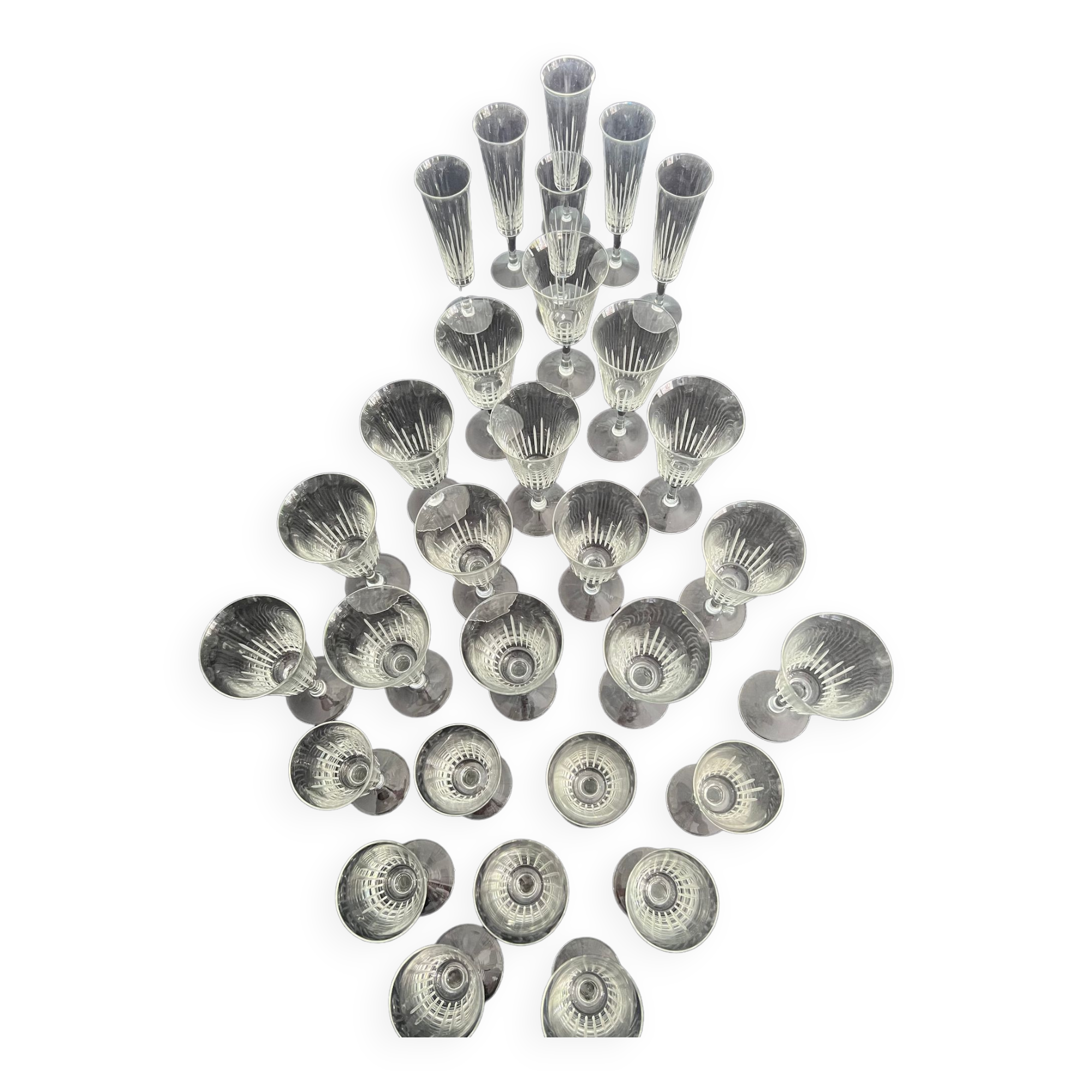 Set of 30 vintage art deco style wine glasses and carafe