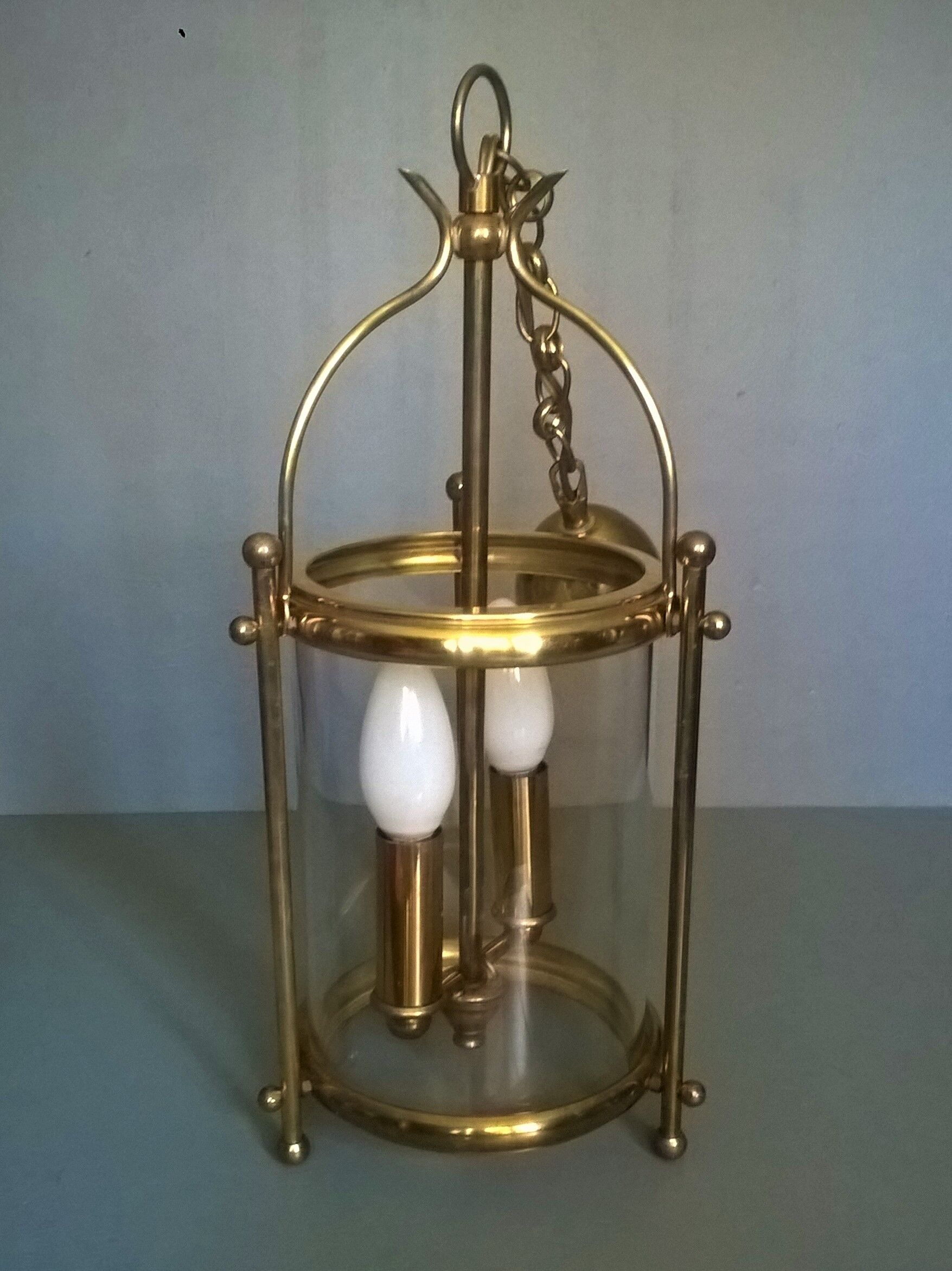 Chandelier lantern cage cylindrical two fires ~ glass and golden brass ~ 1950s/1960s