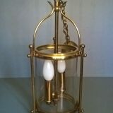 Chandelier lantern cage cylindrical two fires ~ glass and golden brass ~ 1950s/1960s