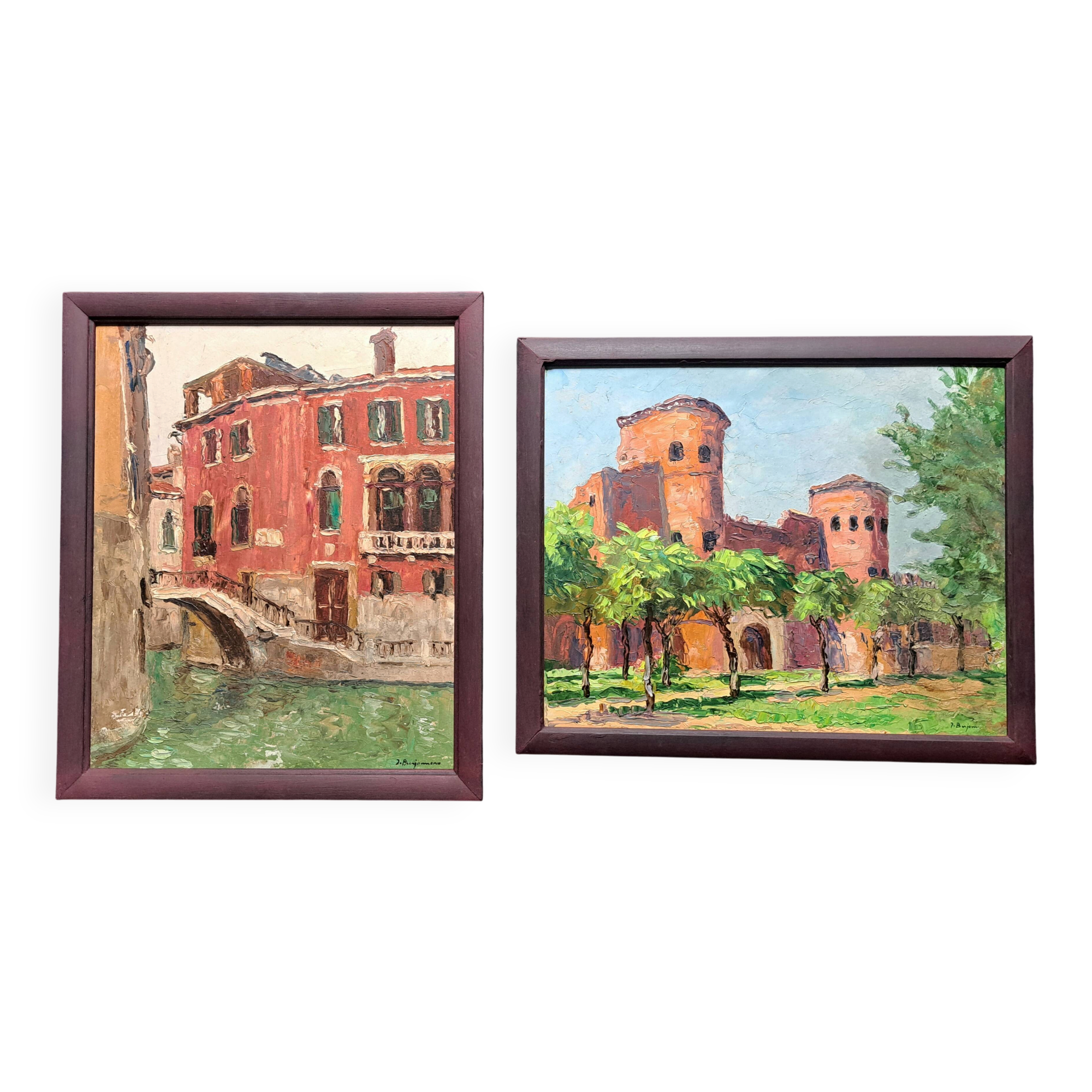 Pair of post-impressionist paintings signed BERJONNEAU, oil on cardboard.