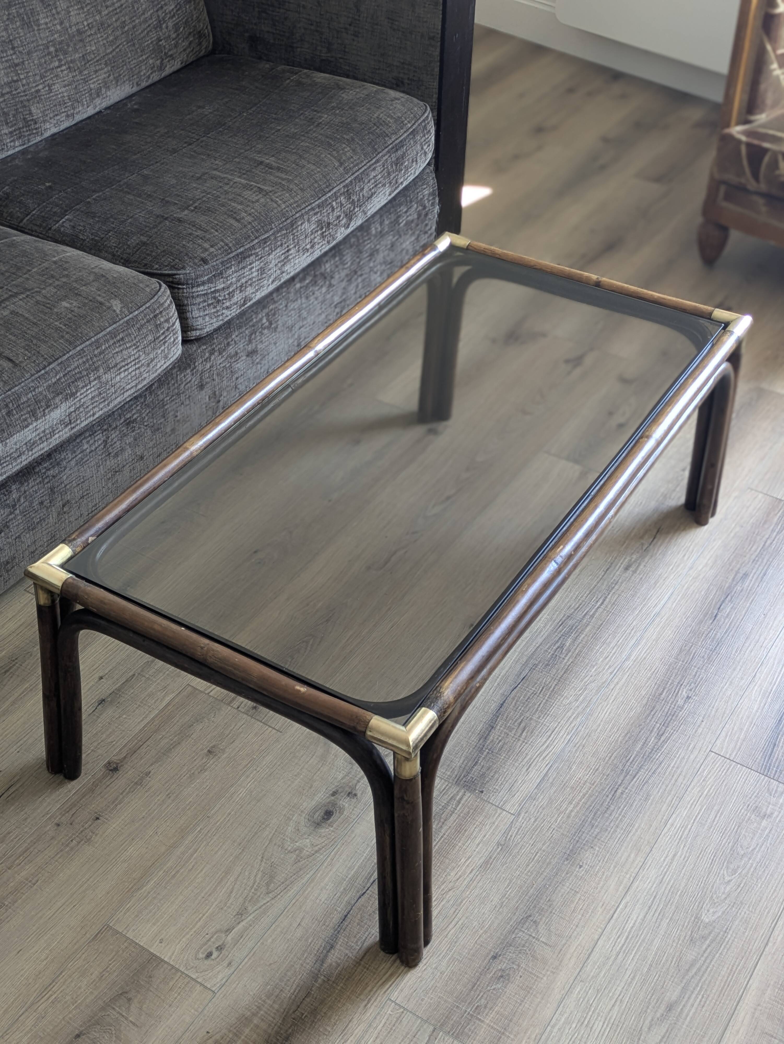 Bamboo coffee table with brass corners and smoked glass