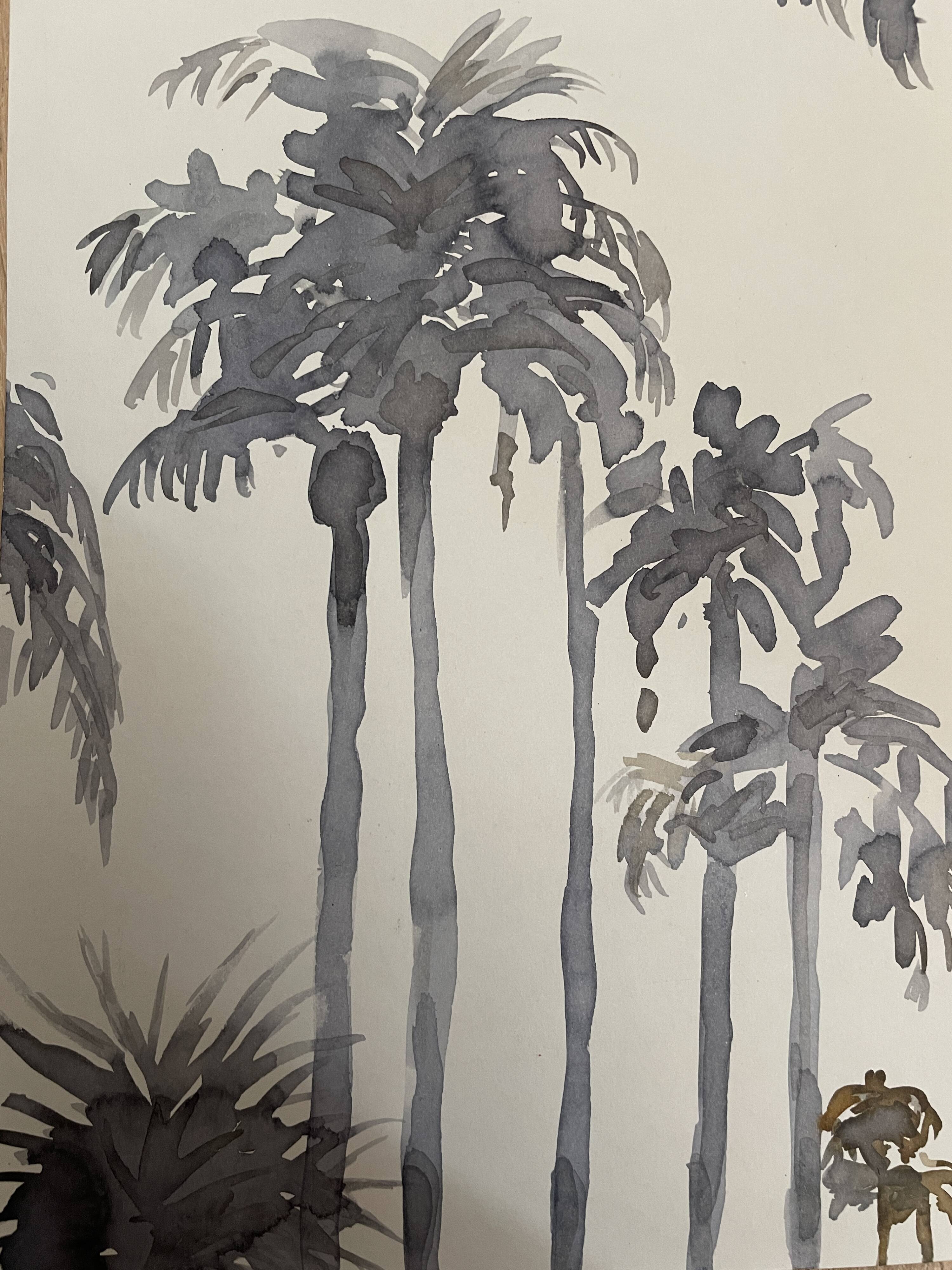 Signed monochrome watercolor painting “sunset over the palm trees”