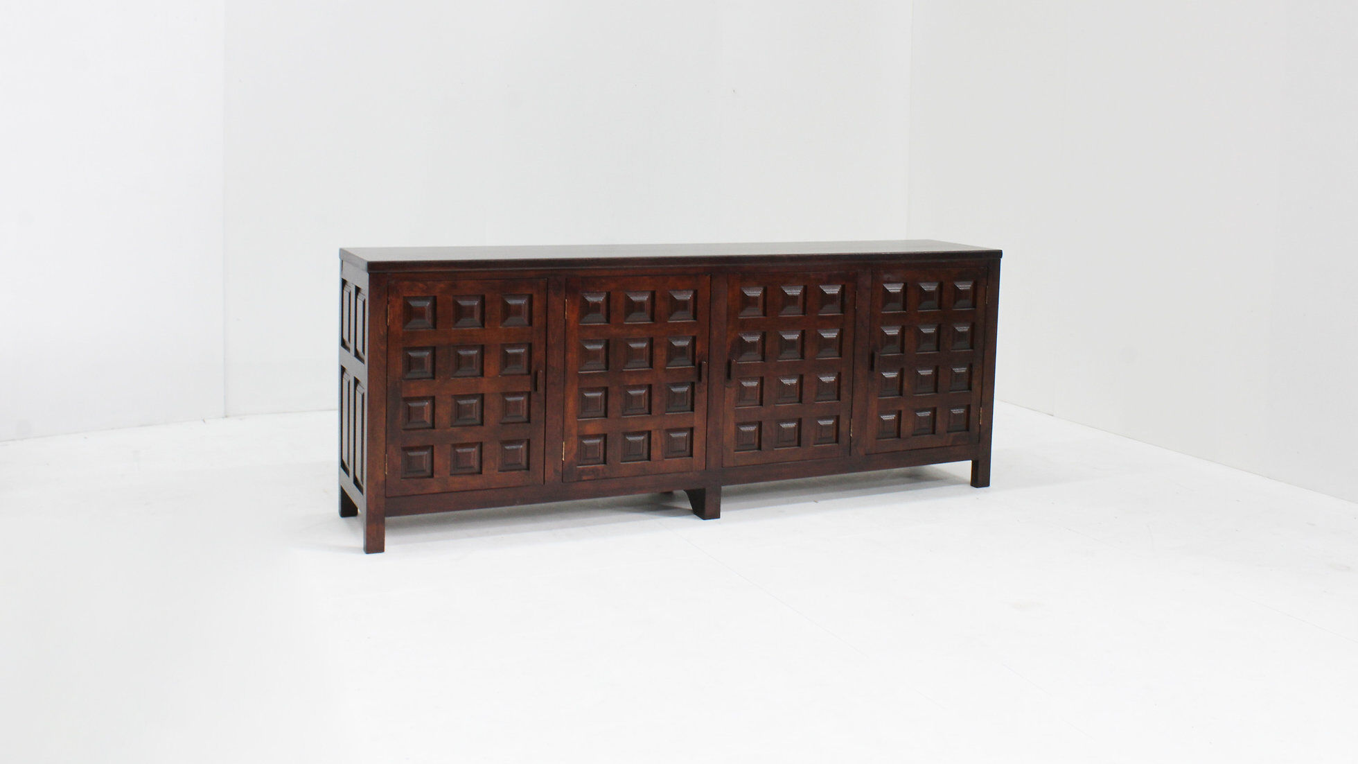 Vintage brutalist sideboard carved solid wood Spain 1960s