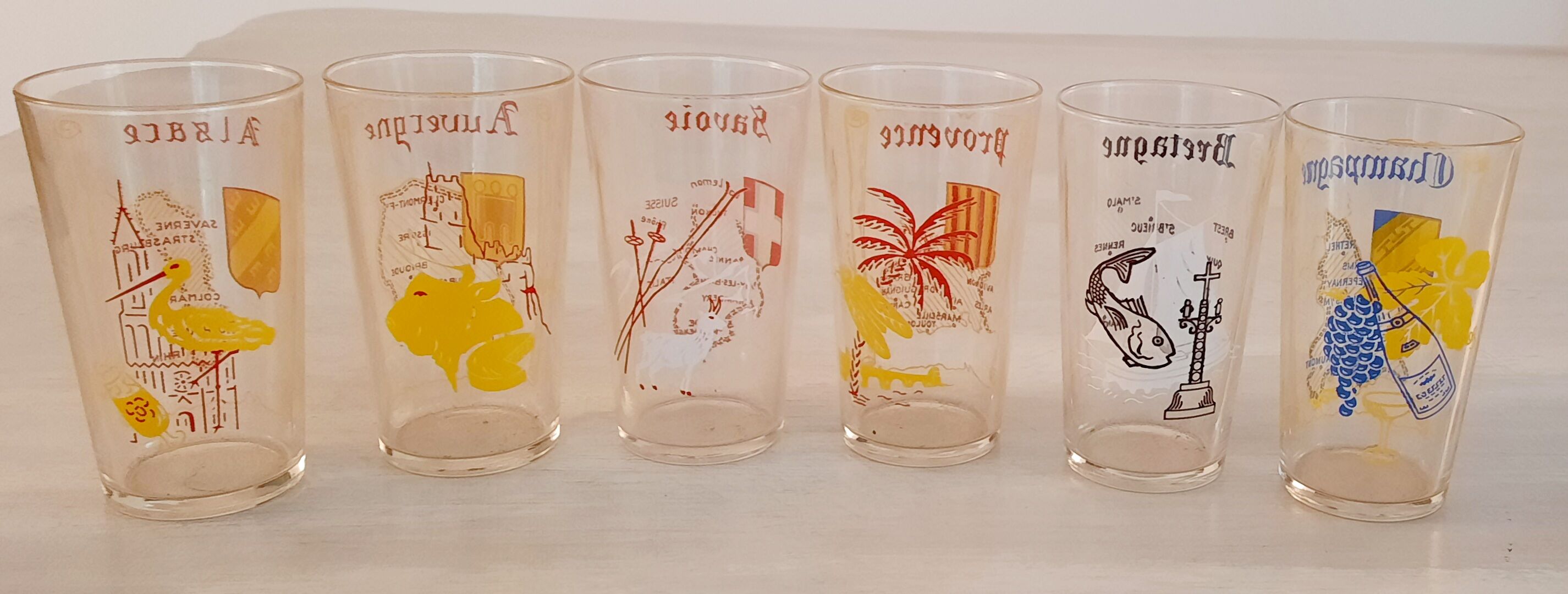 6 orangeade glasses - lemonade - water - regional theme - vintage