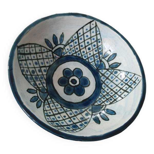 saladier style barbotine motif floral teinte bleutée