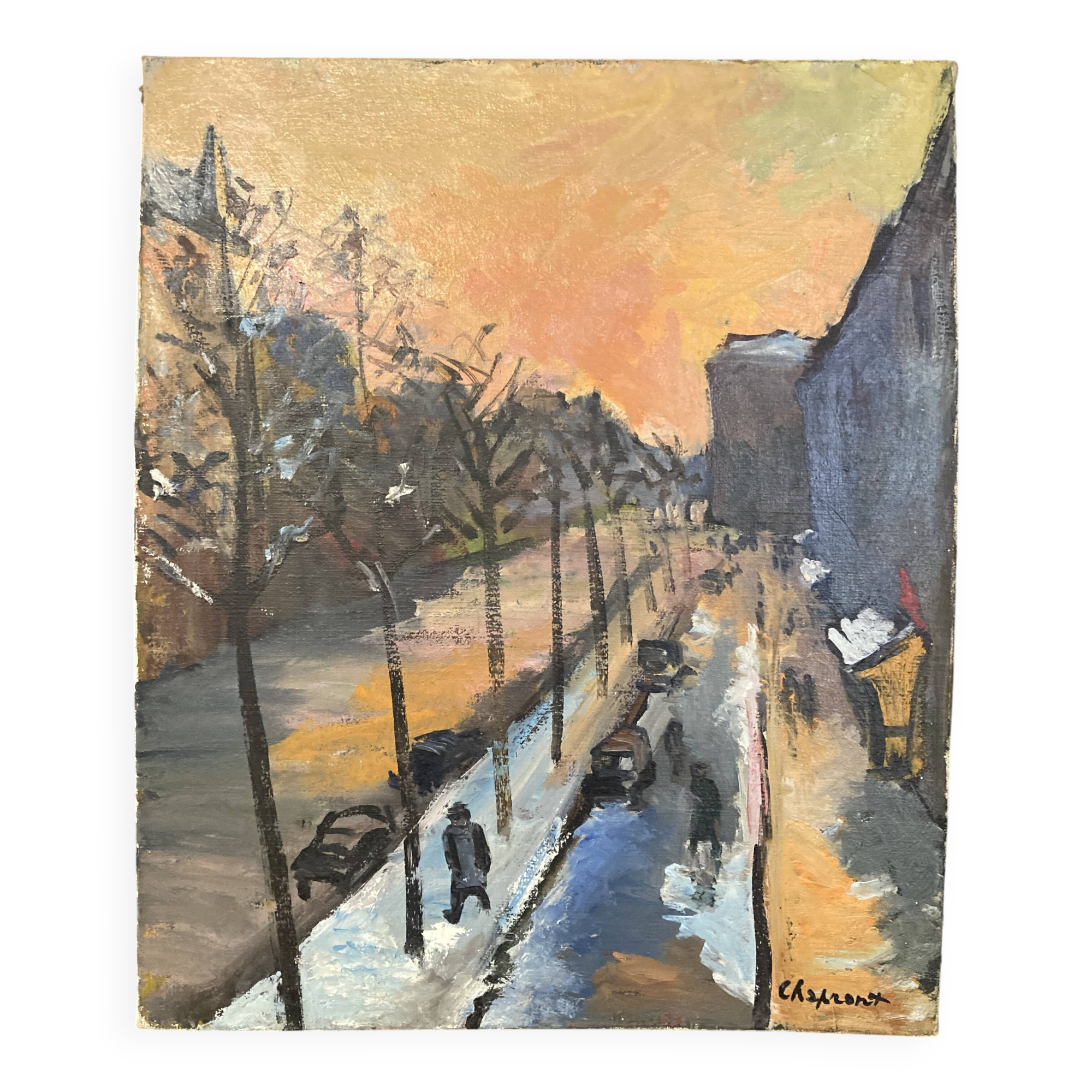 Geneviève chapront, snow boulevard saint-germain, signed oil on canvas