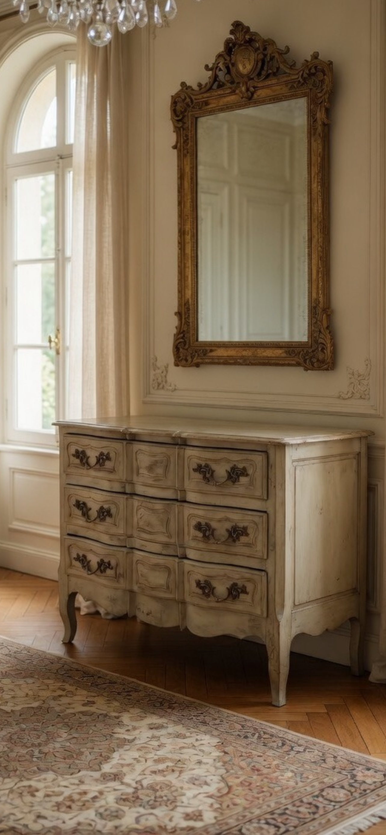 Commode galbée ancienne patinée vert pistache