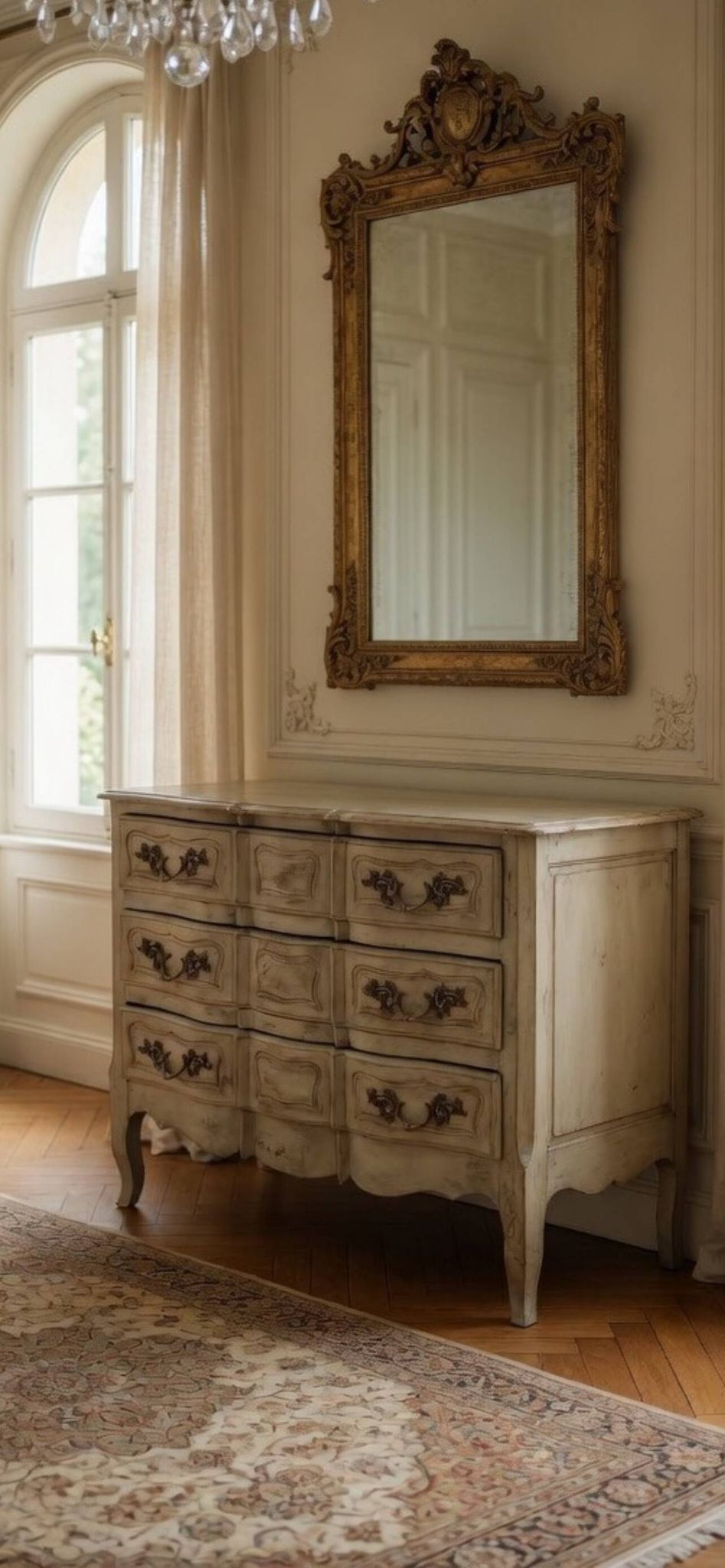Curved antique commode in pistachio green patina.