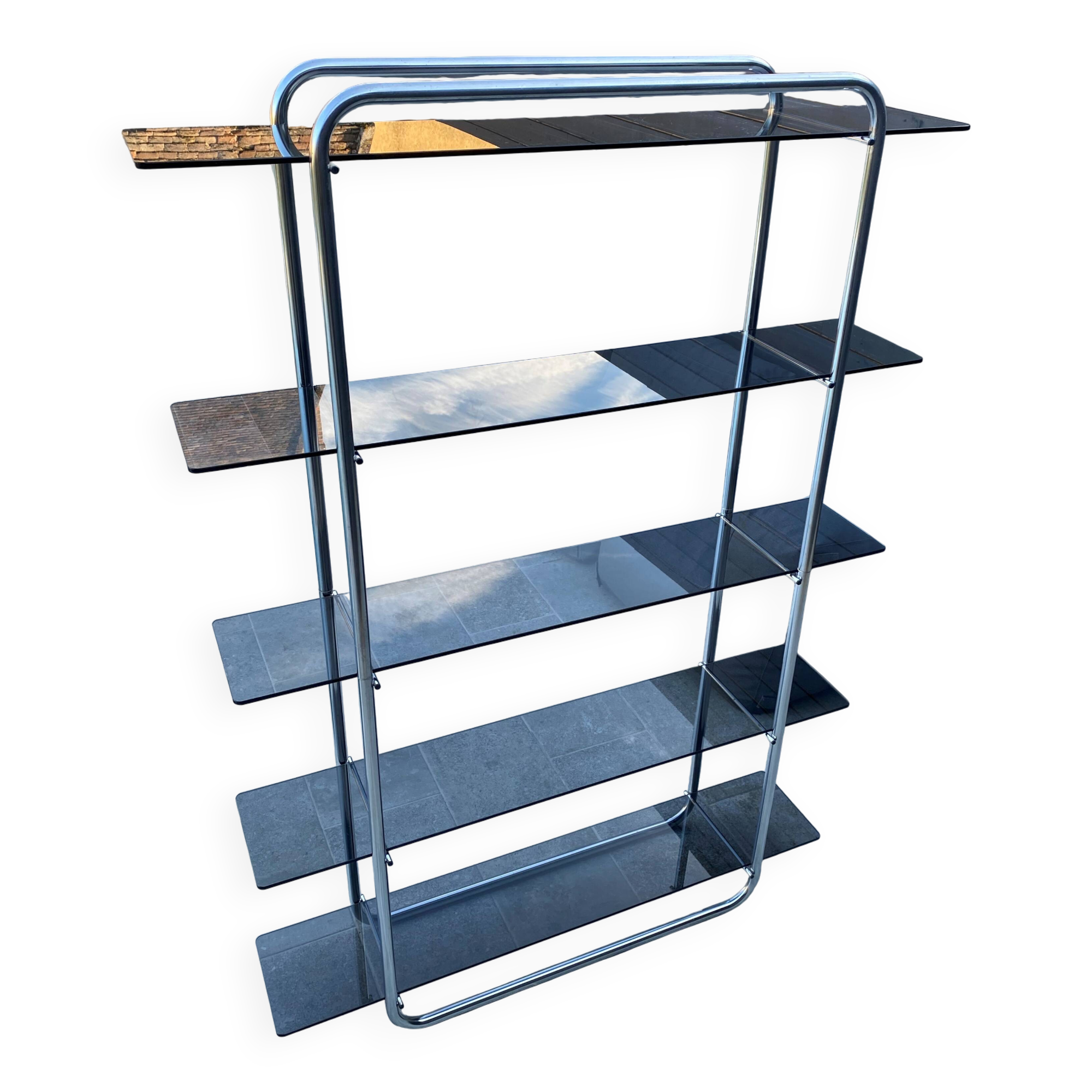 Bibliothèque vitrine étagère murale modulable verre et chrome vintage 1970