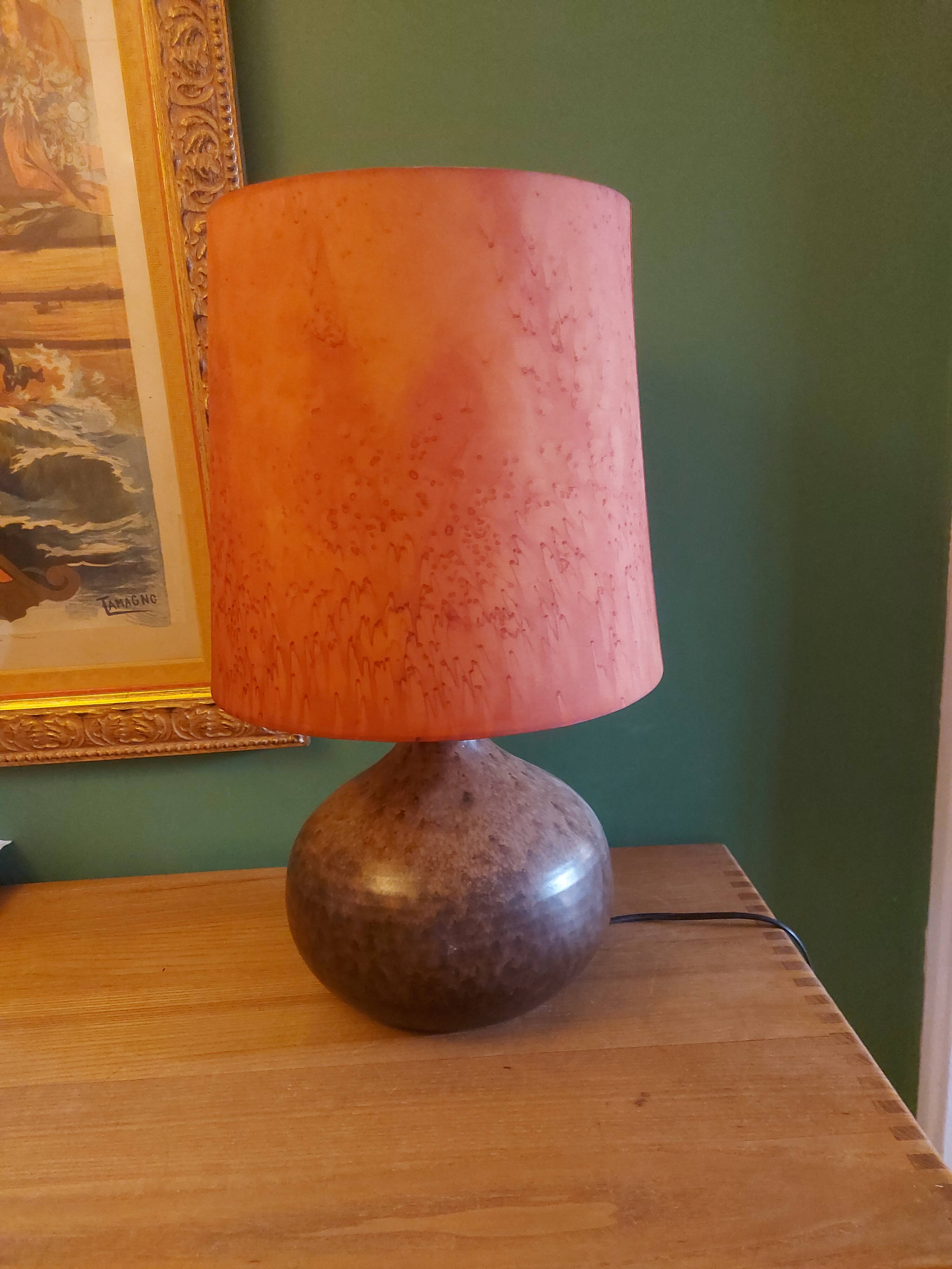 Ceramic (sandstone) lamp from the 50s, 60'S with silk lampshade