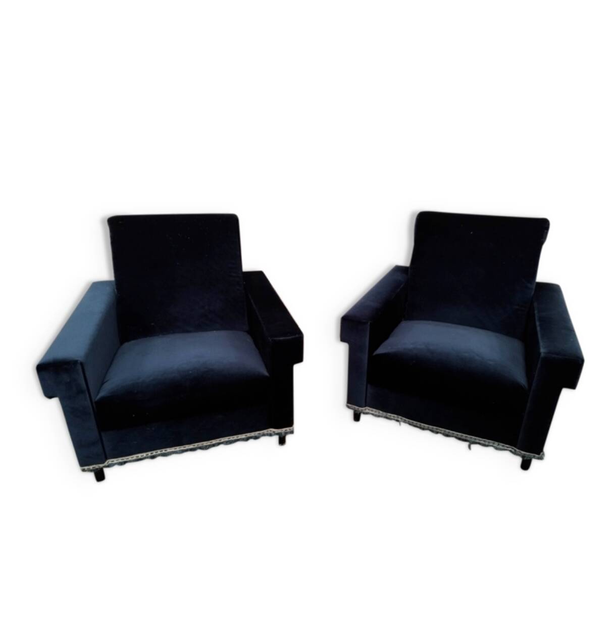 Pair of navy blue velvet club armchairs