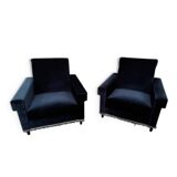 Pair of navy blue velvet club armchairs