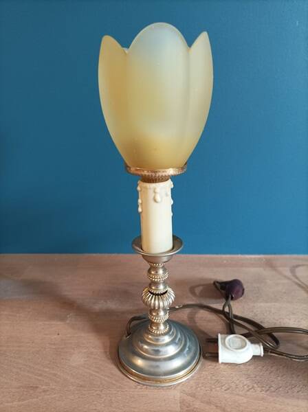 Bedside lamp candle holder gold metal base tulip frosted glass