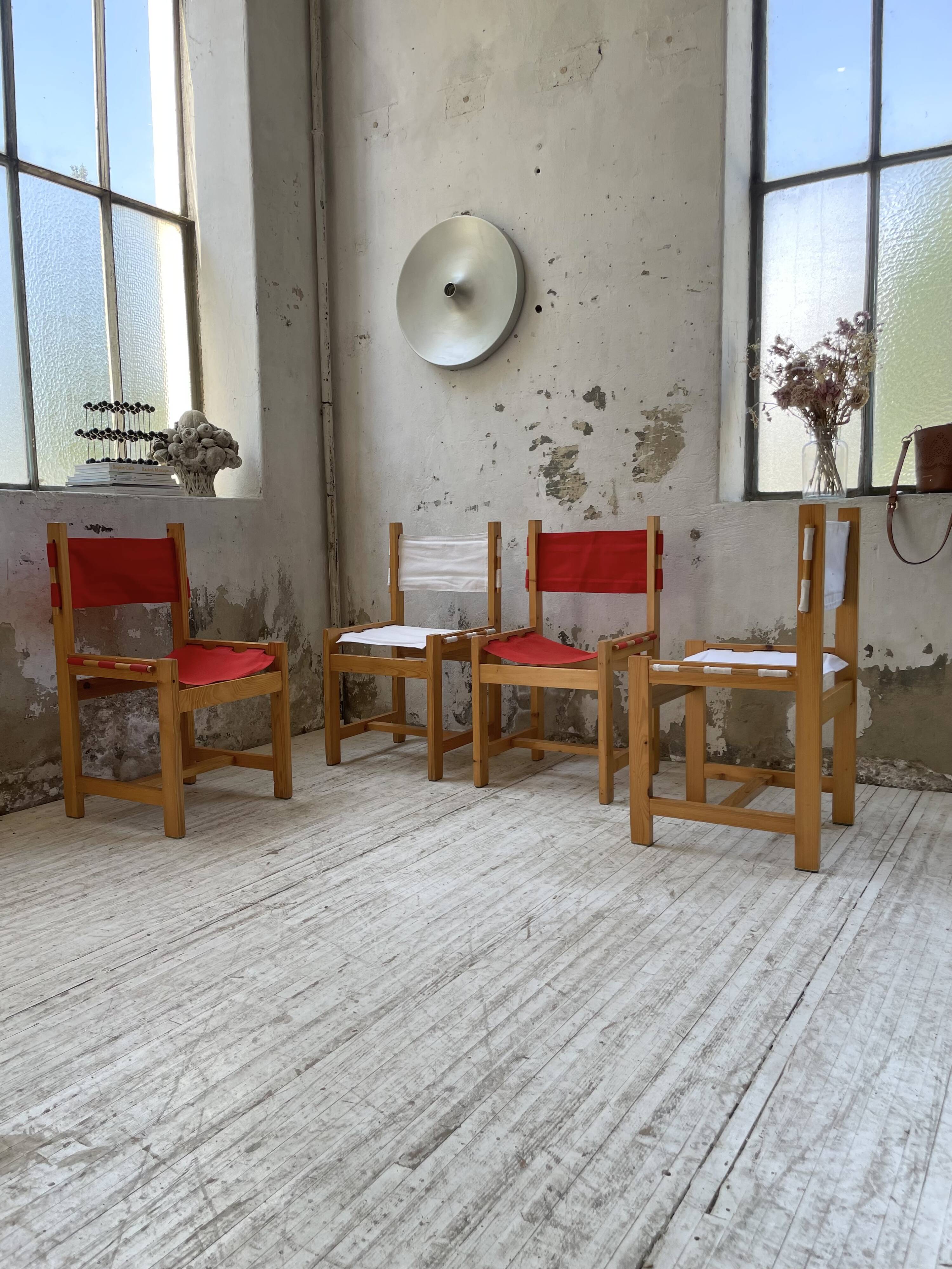 Set of 4 80s colored pine chairs