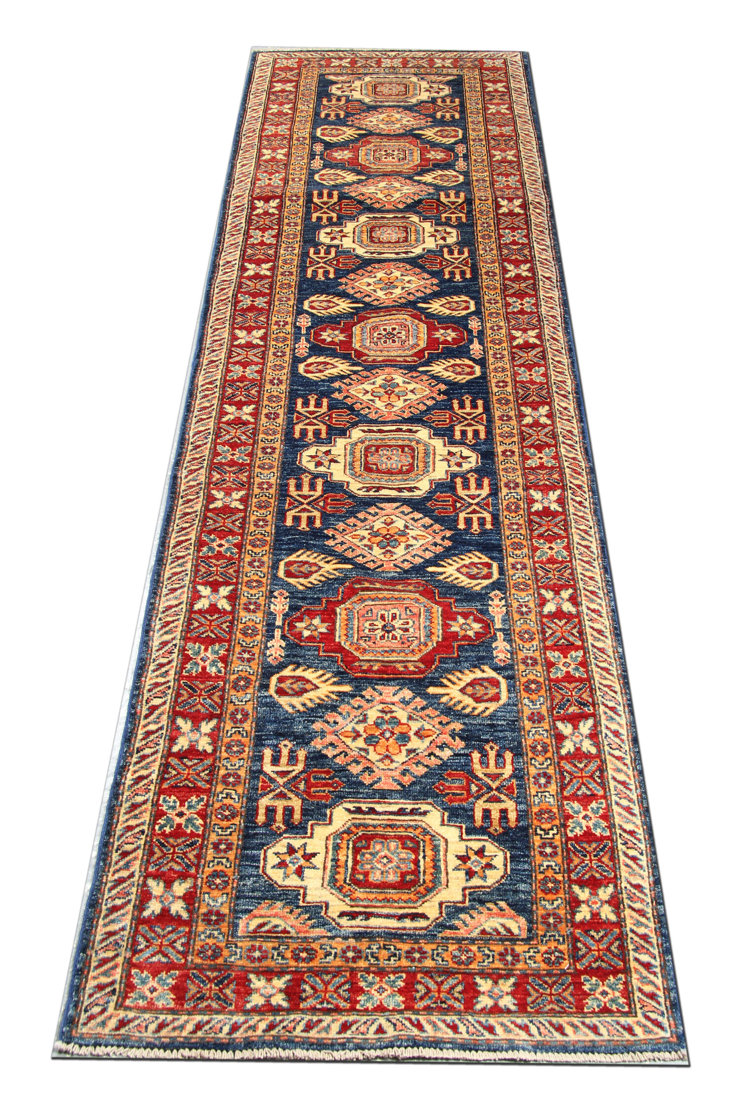 Handmade runner rug traditional kazak carpet rug blue geometric runner