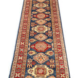 Handmade runner rug traditional kazak carpet rug blue geometric runner