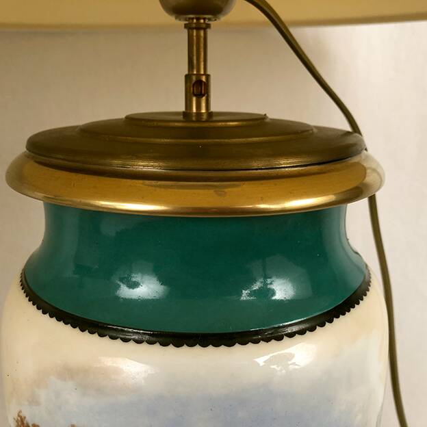 Large pair of 19th century polychrome porcelain vases decorated with landscapes, mounted as lamps