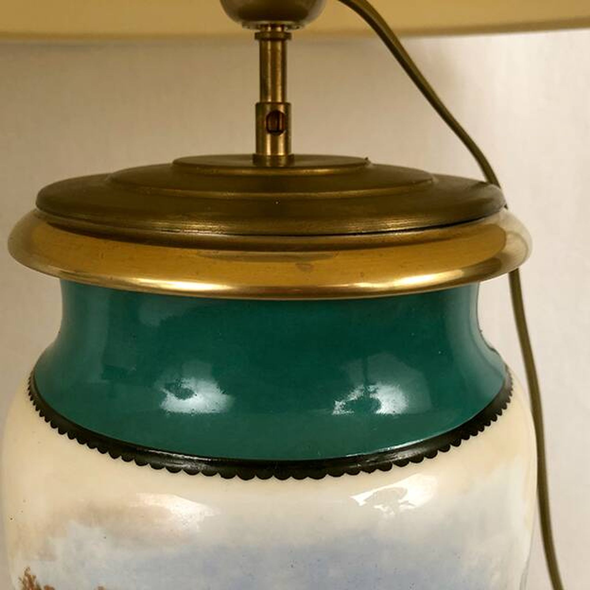 Large pair of 19th century polychrome porcelain vases decorated with landscapes, mounted as lamps