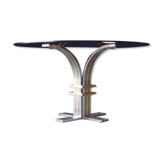 Table à manger chrome dorure et verre fumé par Banci Firenze, Italie 1970s