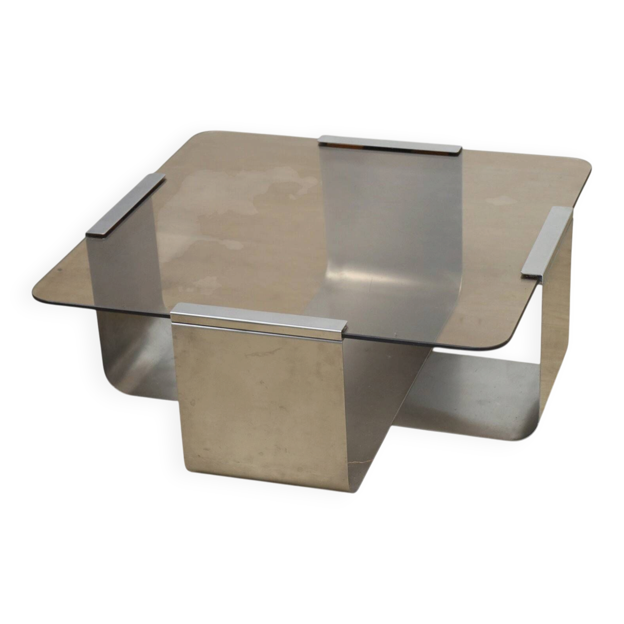 Brushed steel and smoked glass coffee table, by François Monnet – 1970s
