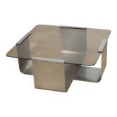 Brushed steel and smoked glass coffee table, by François Monnet – 1970s
