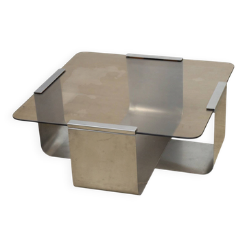 Brushed steel and smoked glass coffee table, by François Monnet – 1970s