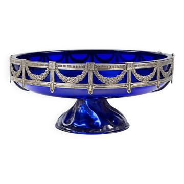 Antique cobalt glass and silver-plated metal bowl, Louis XVI style, circa 1900-1920.