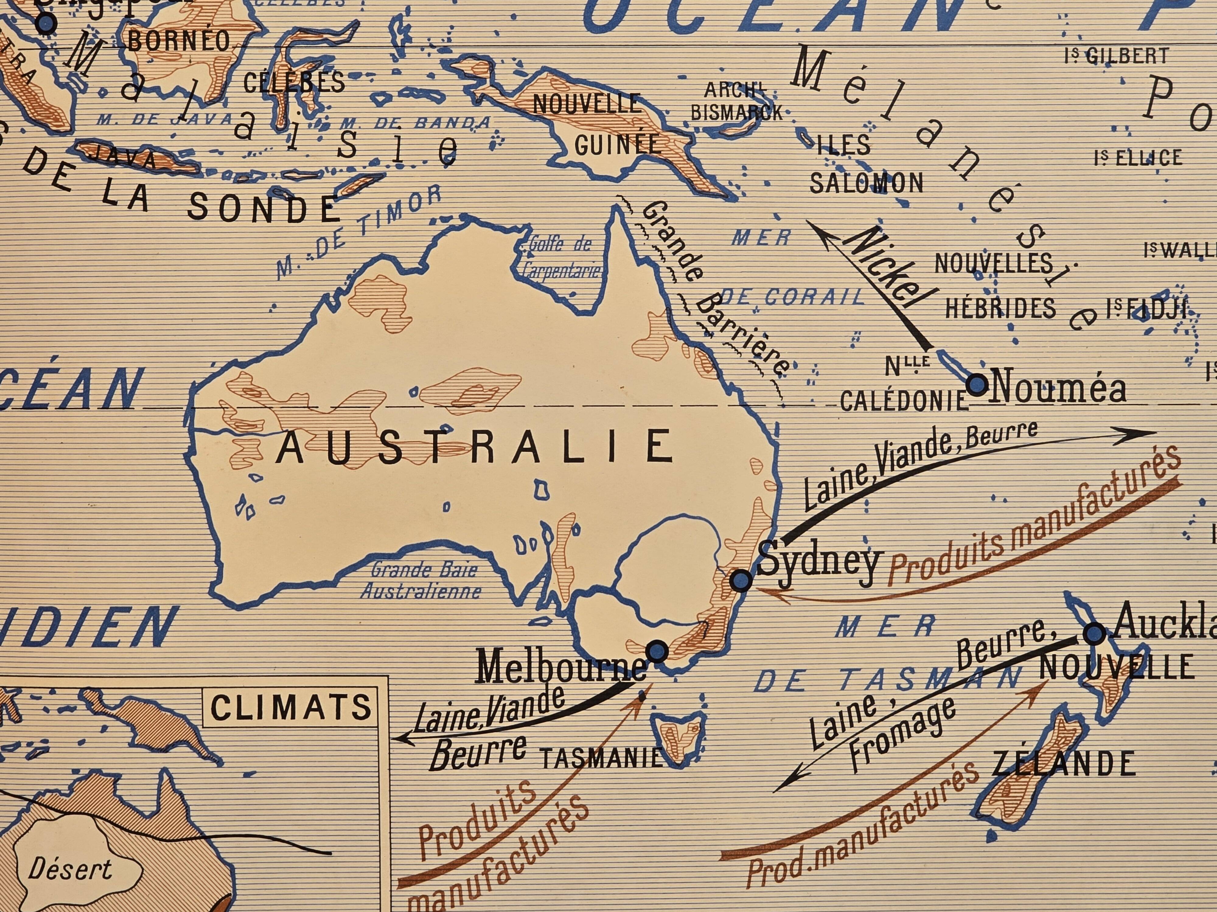 Old geography map school map Oceania political and physical co