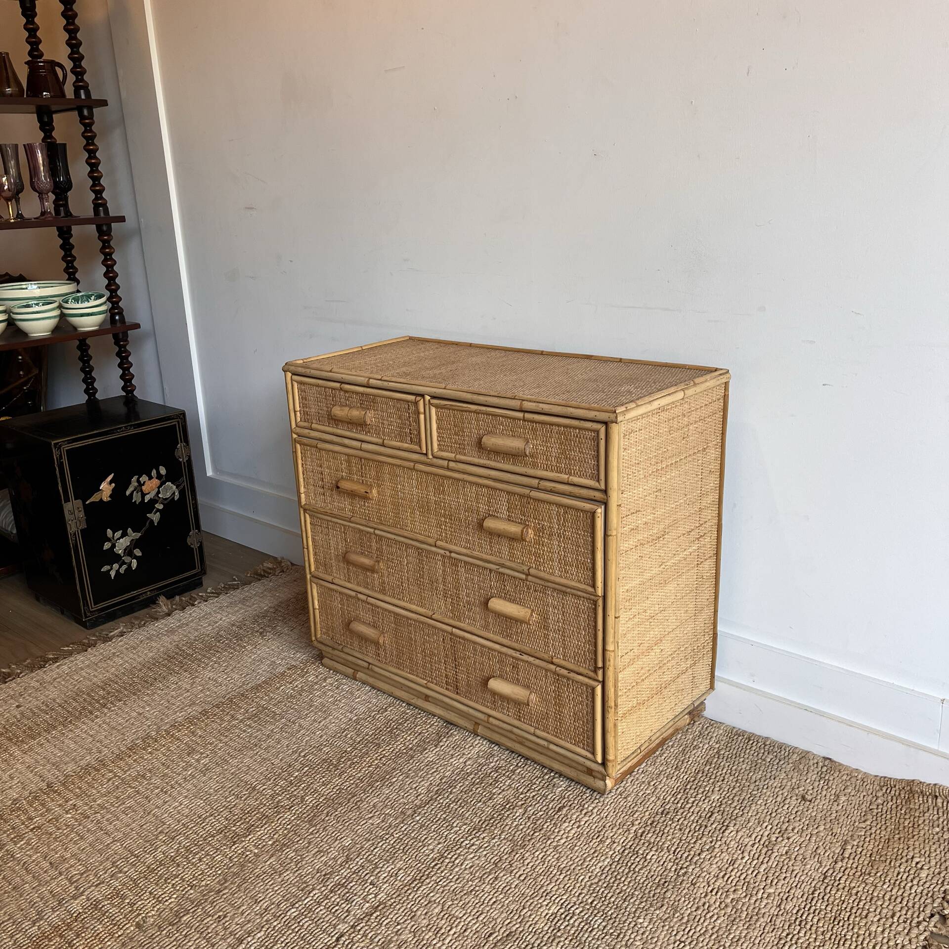 Vintage woven rattan bamboo chest of drawers