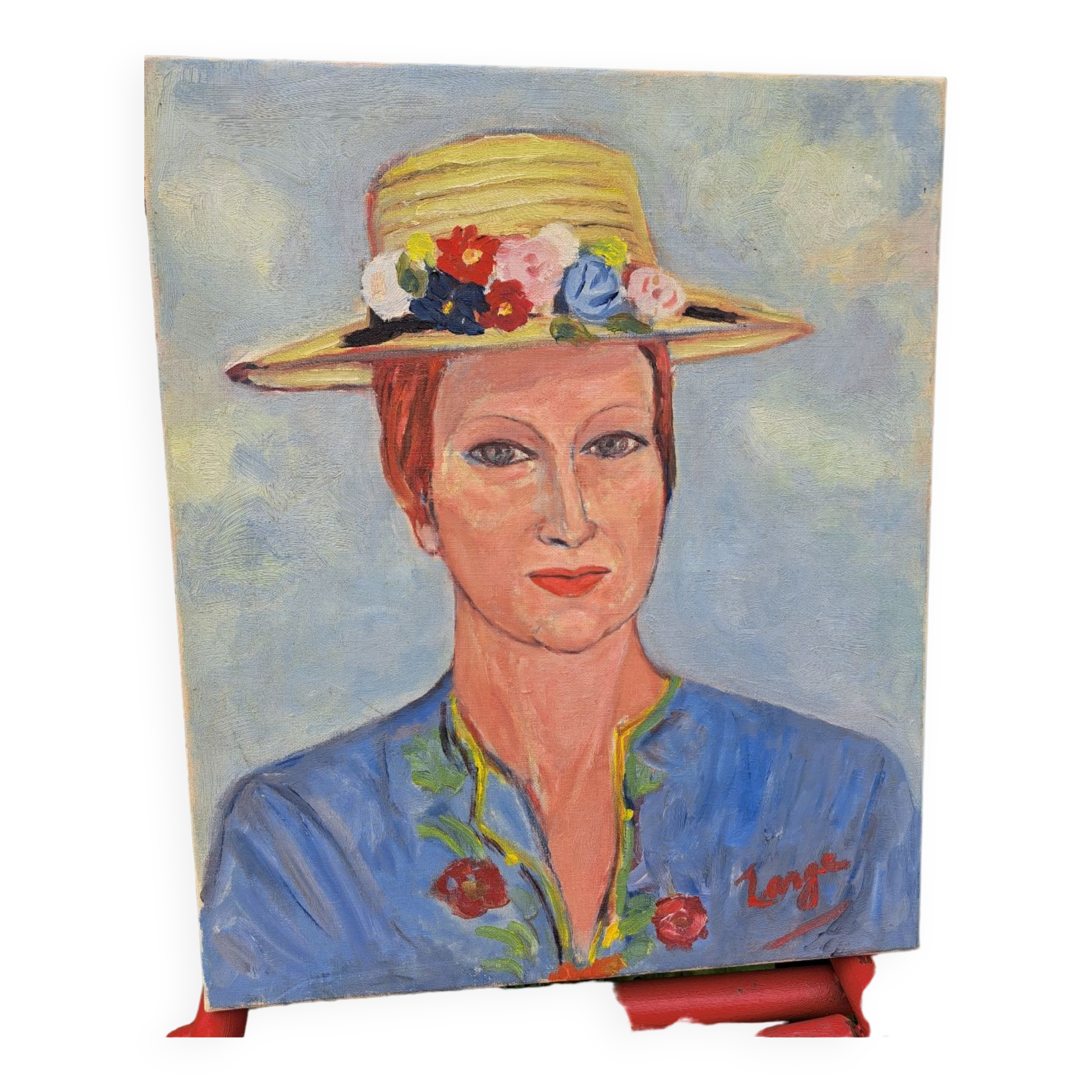 Canvas signed portrait "woman with straw hat"