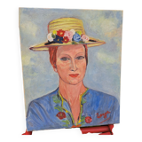 Canvas signed portrait "woman with straw hat"