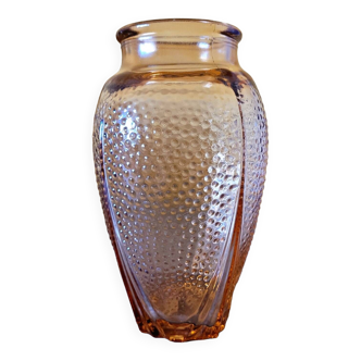 Vase vintage en verre couleur rose motif perlé en relief