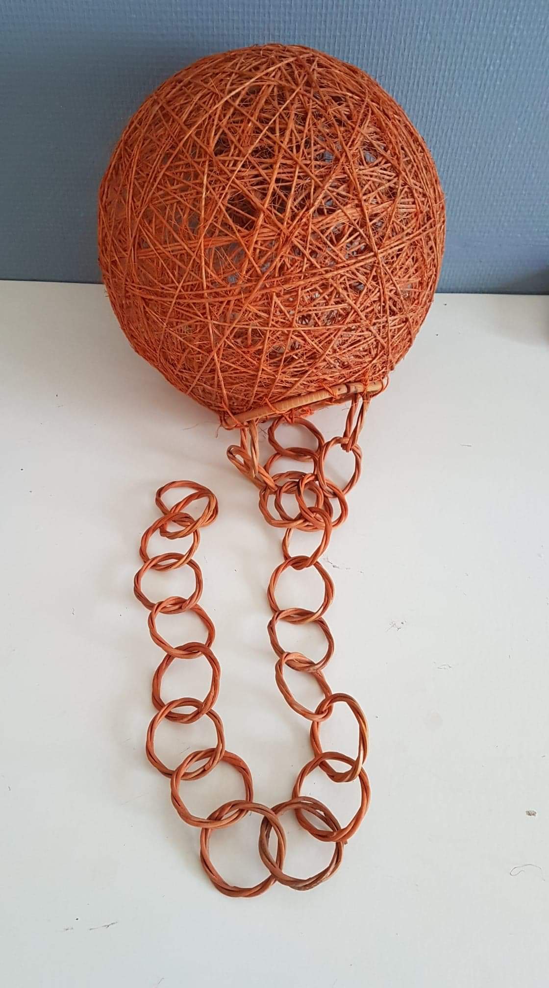 Orange ball hanging lamp with rope and rattan rope 1970