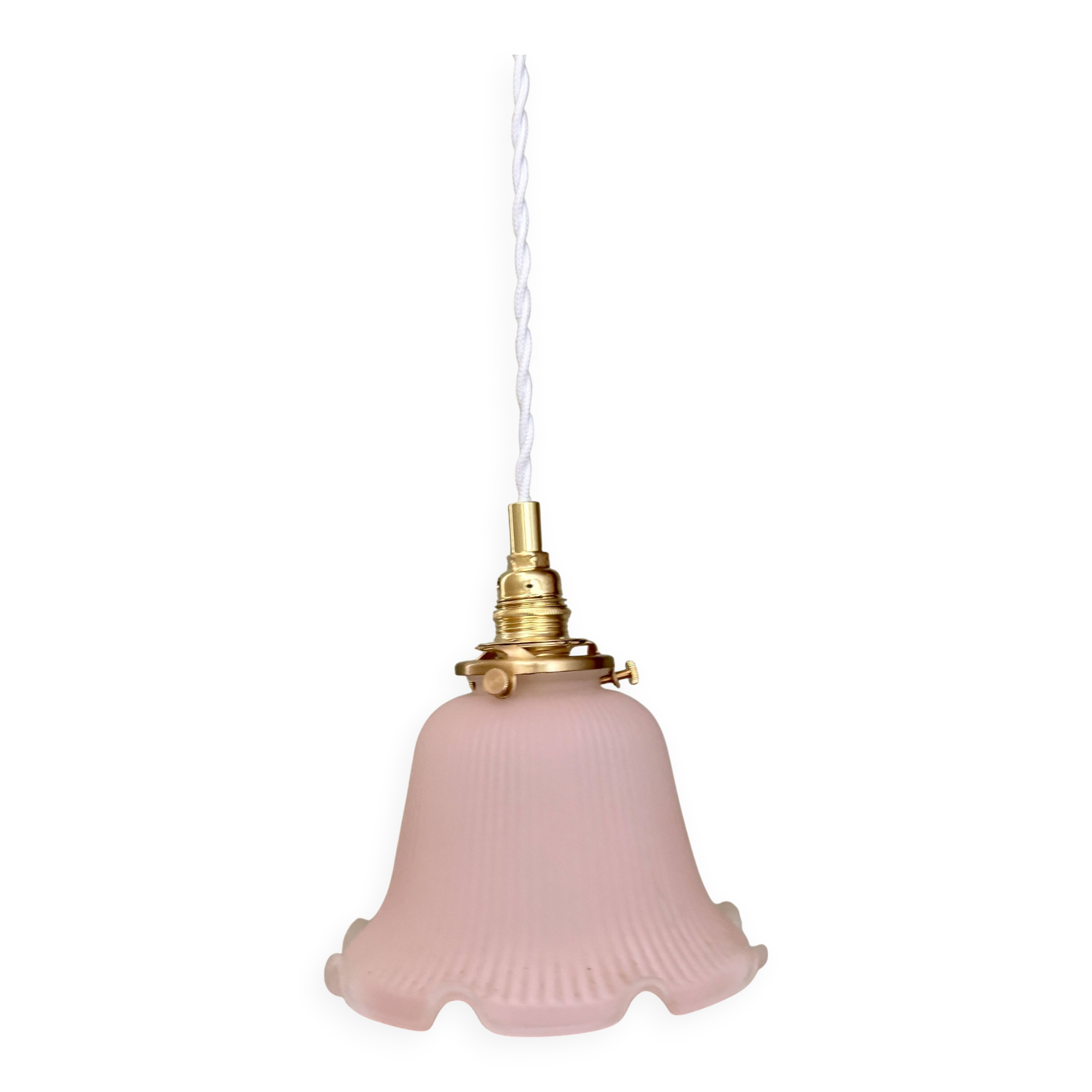 Pendant light, vintage lampshade in pink frosted glass