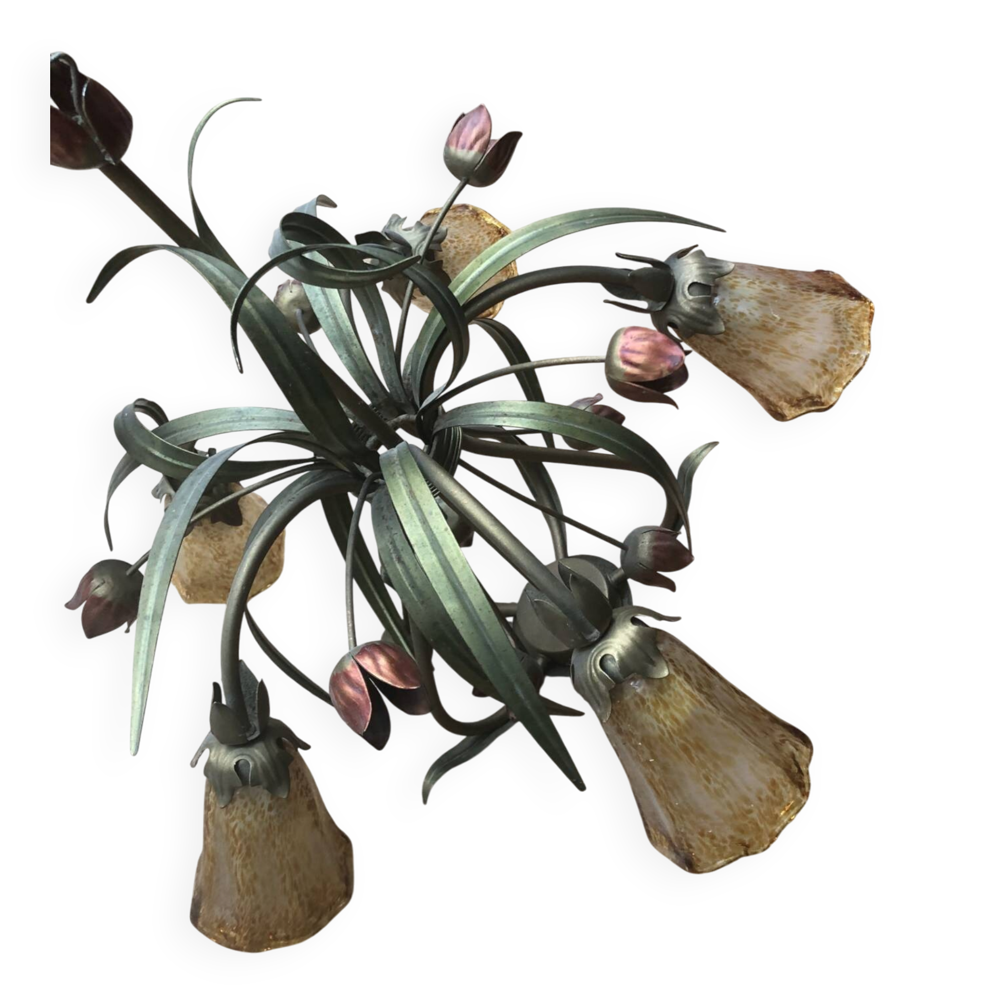 Antique Art Deco metal chandelier with a tinted glass shade.