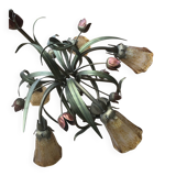 Antique Art Deco metal chandelier with a tinted glass shade.