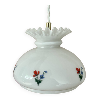 Vintage pendant lamp in white opaline flower designs