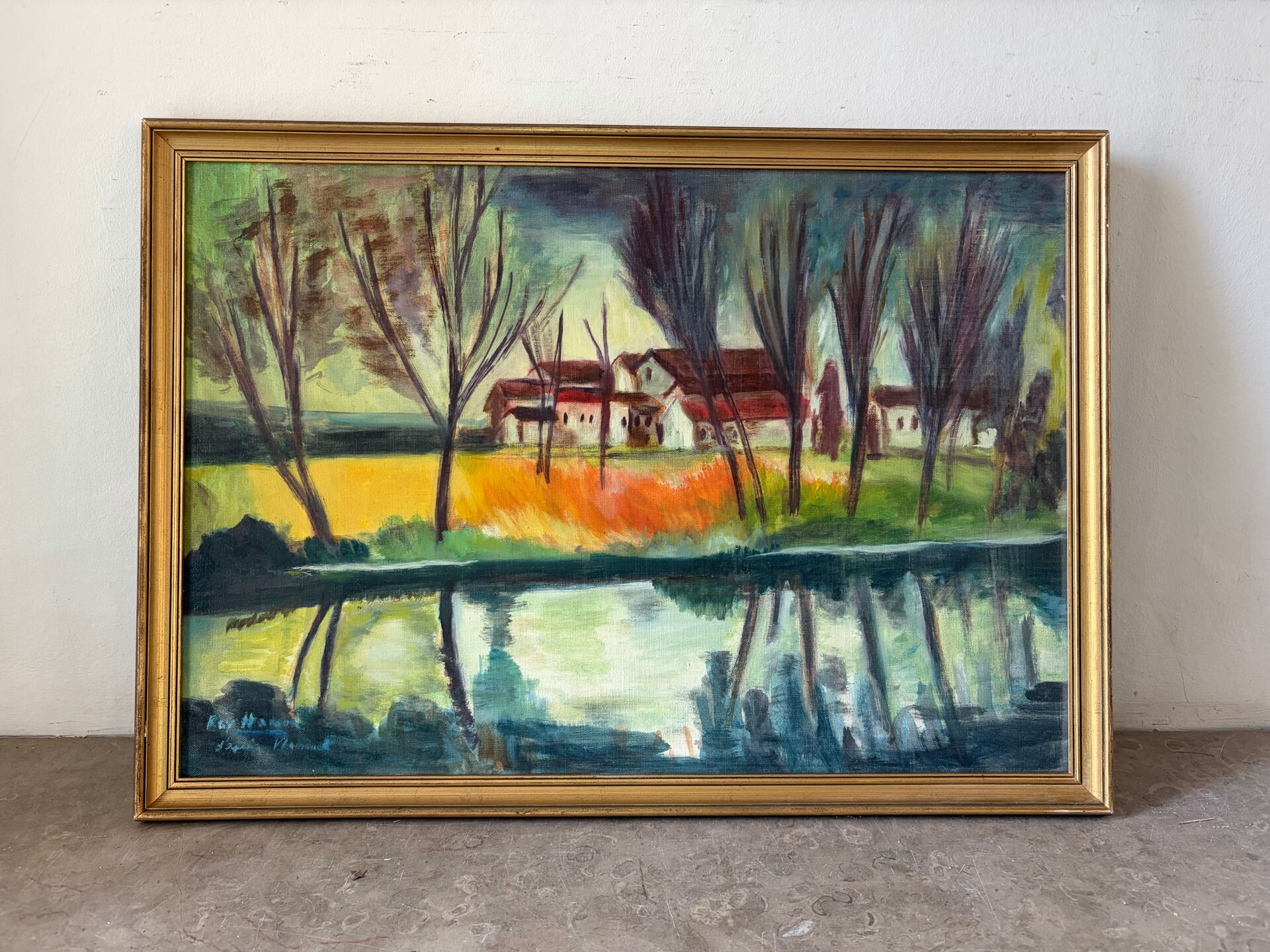 House by the water, oil on canvas signed