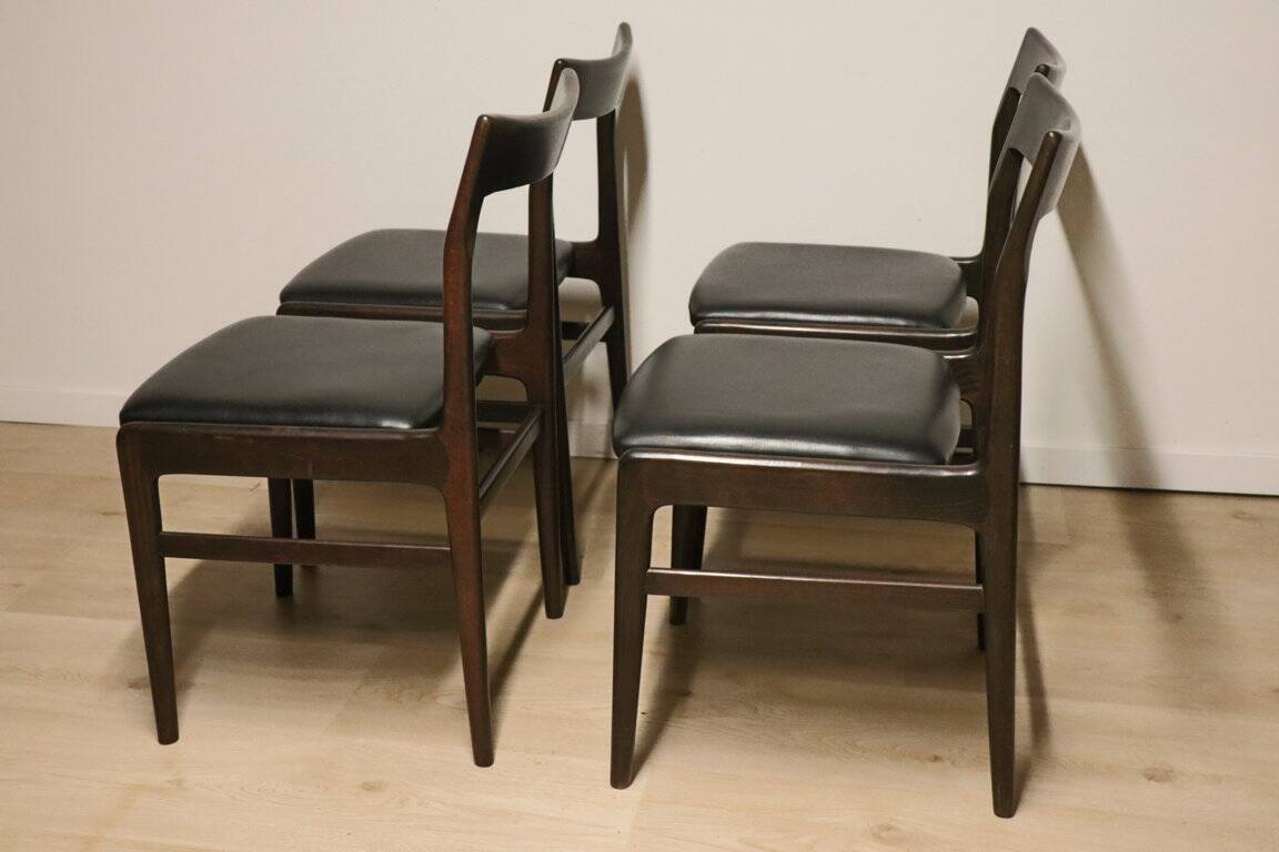 Set of 4 vintage chairs in teak and imitation leather, 1960s