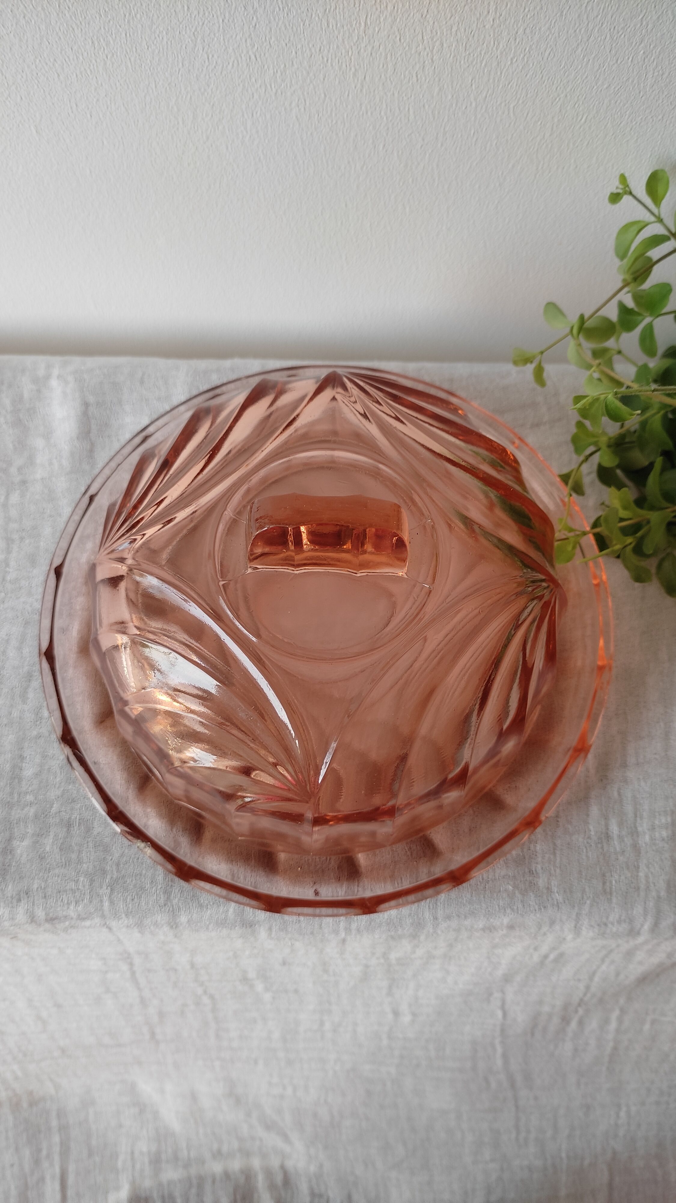 Old cheese or dessert bell and its pink art deco pressed glass tray