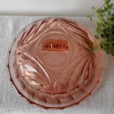 Old cheese or dessert bell and its pink art deco pressed glass tray