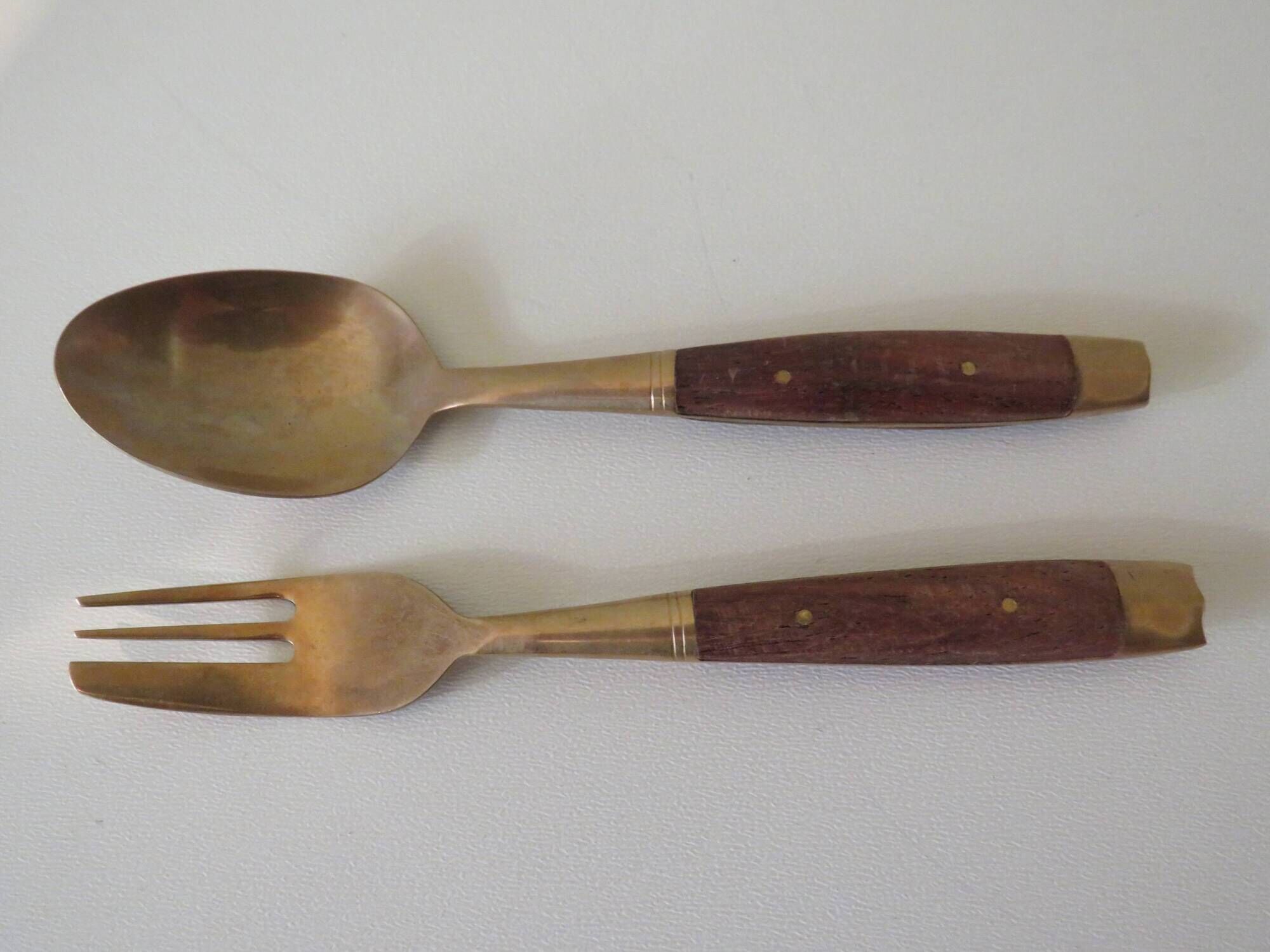 Vintage teak and brass housewife, dessert spoons and forks