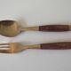 Vintage teak and brass housewife, dessert spoons and forks