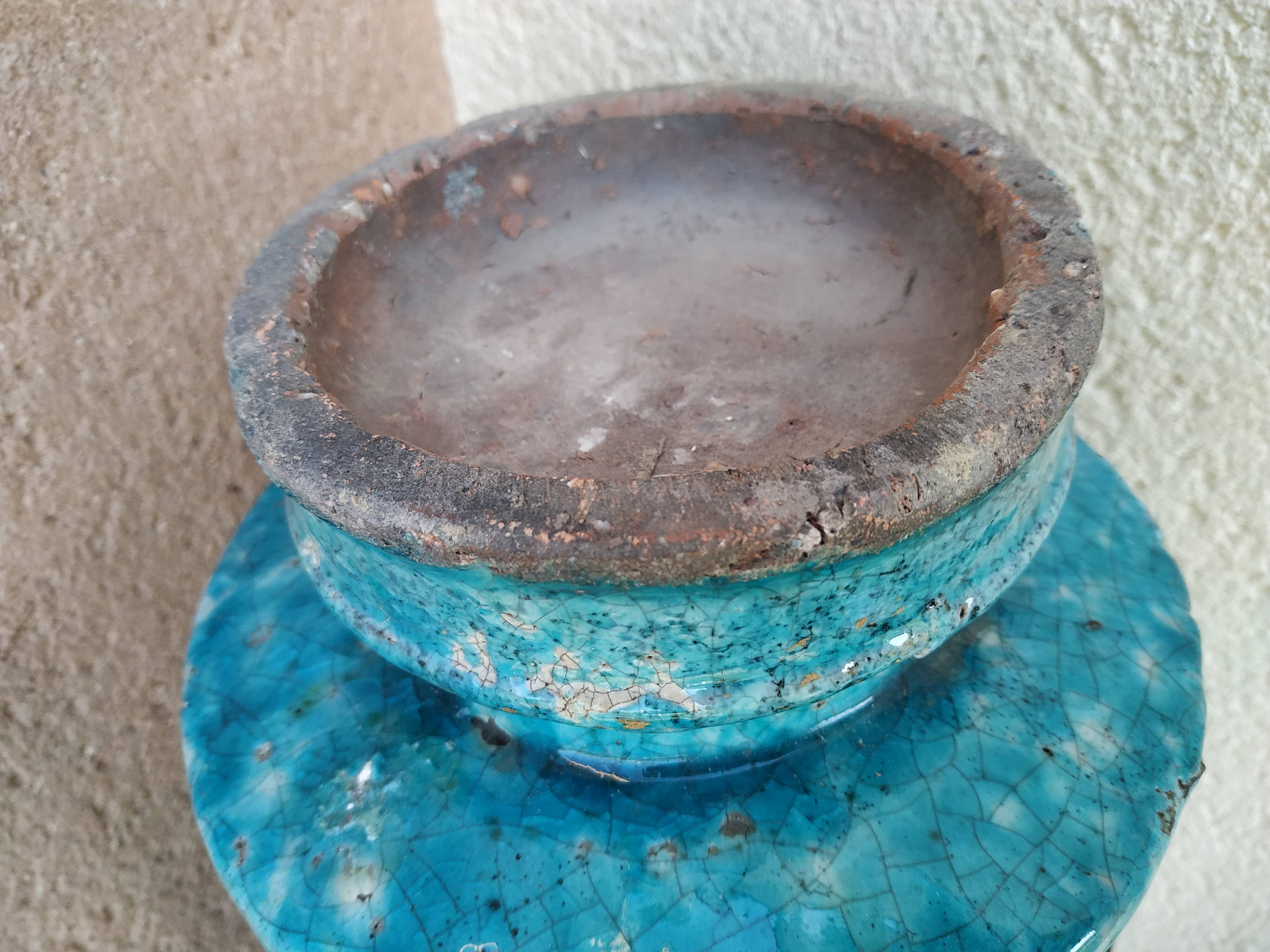 Large tea box in turquoise blue Raku pottery