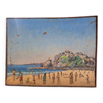 Old beach painting Perros Guirec 1952