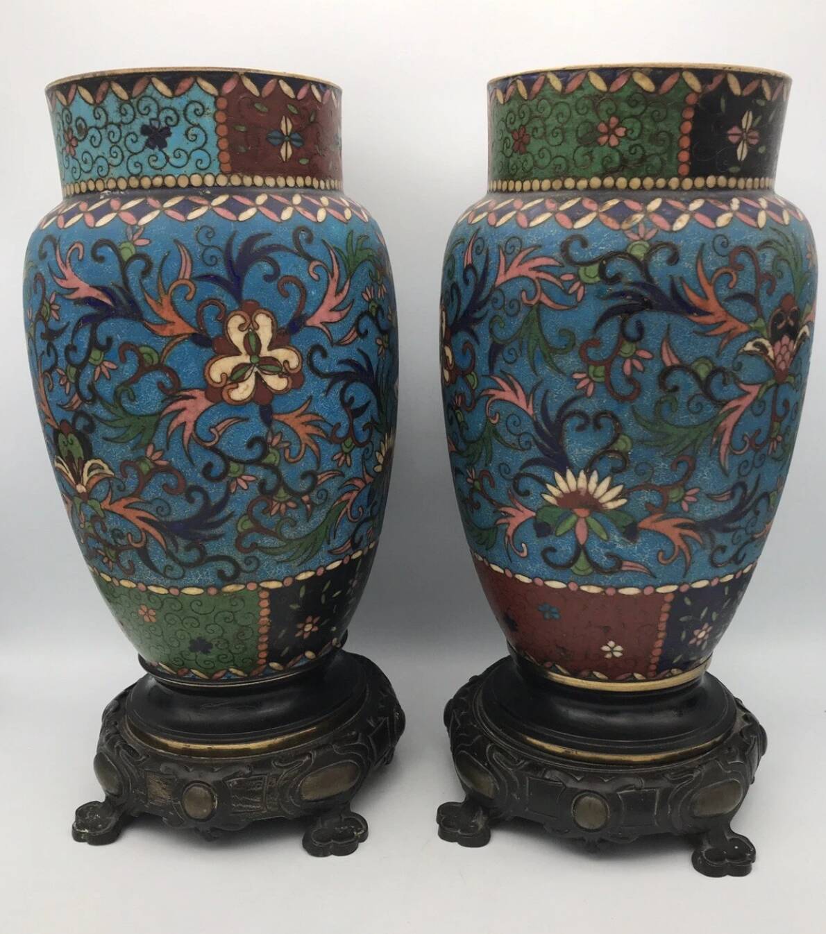 PAIR of Cloisonné Ceramic VASES, Floral Decoration, Bronze Base