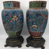 PAIR of Cloisonné Ceramic VASES, Floral Decoration, Bronze Base