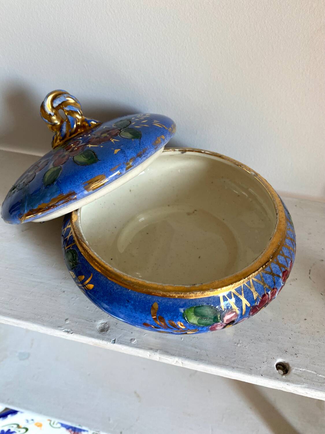Old blue earthenware jewelry box