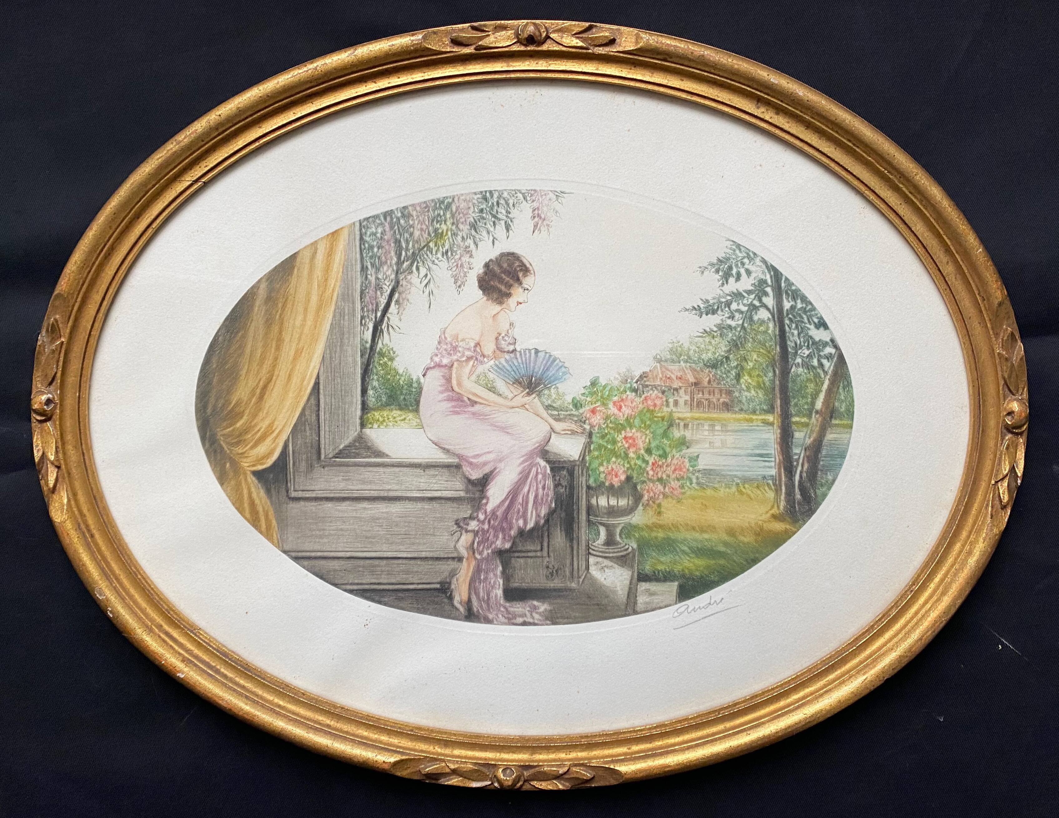 Painting (Art Deco, circa 1930) "Elegant to the fan and roses" signed André